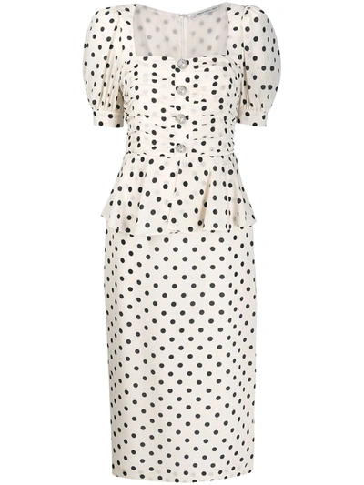 Alessandra Rich Puff-sleeve Polka-dot Silk Midi Dress In White,black