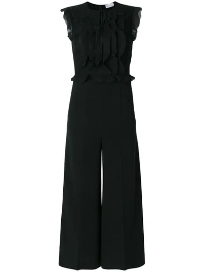 Red Valentino Ruffled Chiffon, Crepe And Lace Jumpsuit In Nero