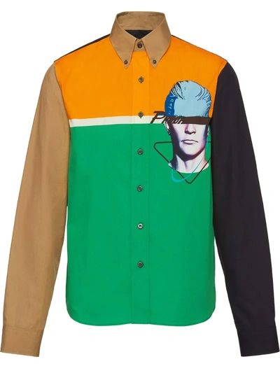 Prada Colour-block Face Shirt In Orange+green