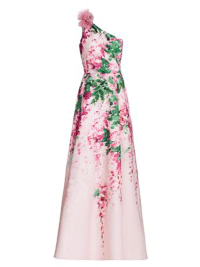 Marchesa Notte Floral Ruffle One-shoulder Gown In Blush