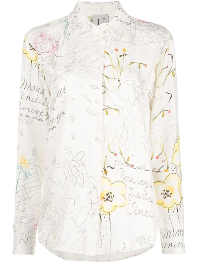 L'autre Chose Button Down Notes & Flowers Print Blouse In White