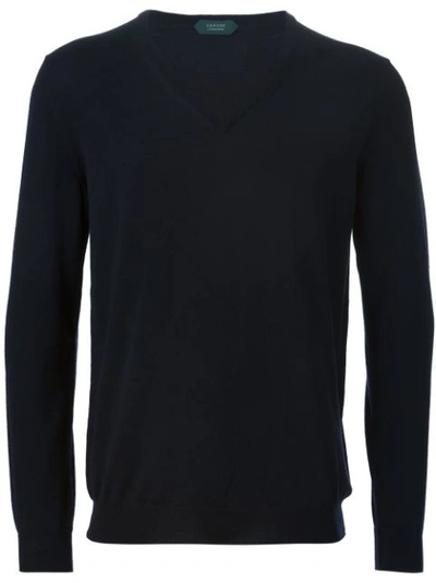 Zanone V-neck Long Sleeve Sweater In Blue