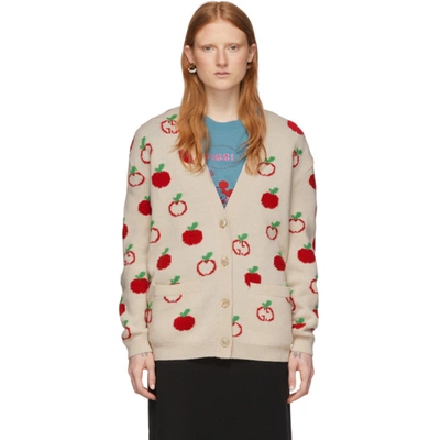 Gucci Off-white Jacquard Gg Apple Cardigan In White/red