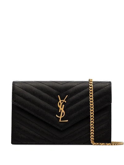 Saint Laurent Ysl Chevron-quilted Grained-leather Shoulder Bag In Black