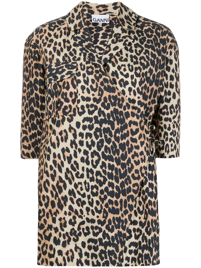 Ganni Leopard Print Wrap Shirt In Neutrals