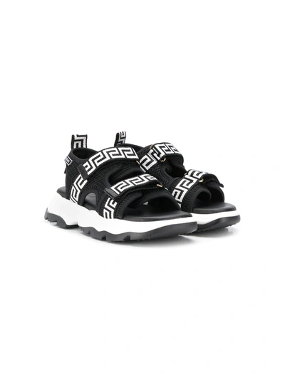 Young Versace Kids' Greca-strap Mesh Sandals In Black