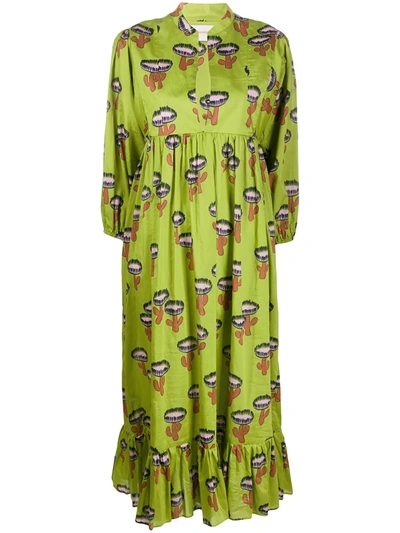 La Doublej Quintana Cactus Print Dress In Green