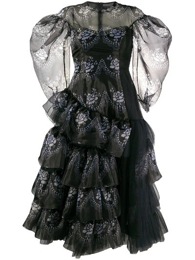 Simone Rocha Asymmetric Tiered Puff-sleeved Midi Dress In Black