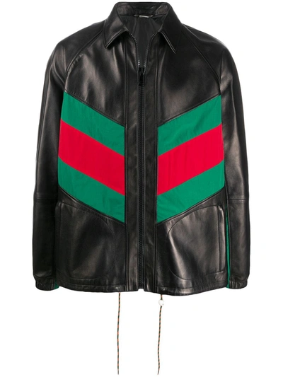 Gucci Web Panel Leather Jacket In Black