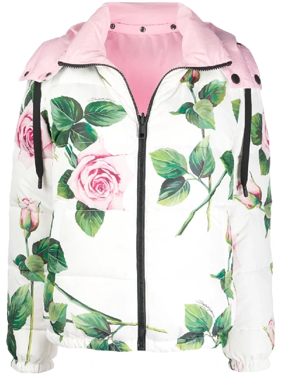 Dolce & Gabbana Floral Printed Puffer Jacket In White