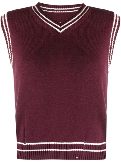 Maison Margiela Distressed V-neck Knitted Waistcoat In Bordeaux