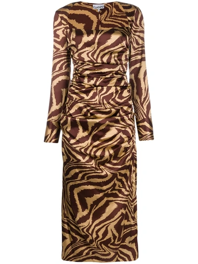 Ganni Tiger-print Ruched Midi-dress In Neutrals