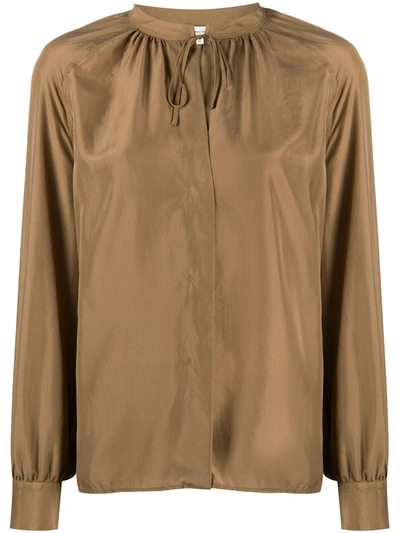 Vince Gathered Washed-silk Blouse In Brown