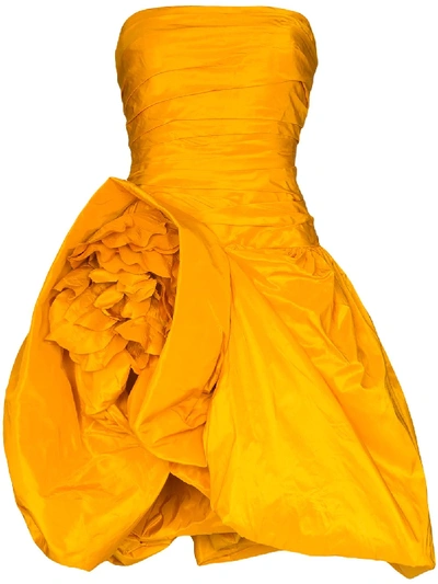 Oscar De La Renta Strapless Taffeta Cocktail Dress With Floral Bottom In Yellow