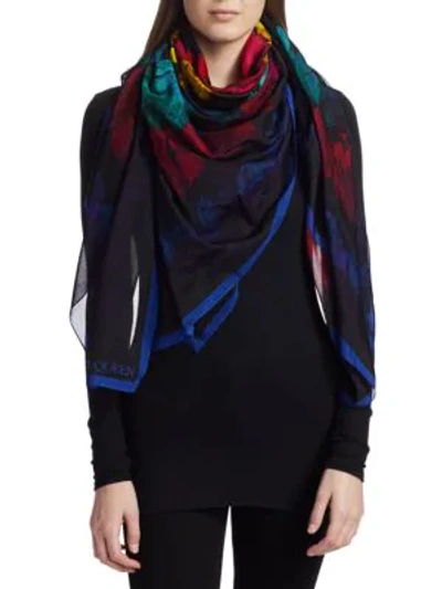 Alexander Mcqueen Pareo Feather Border Scarf In Black Blue