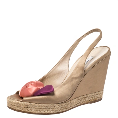 Pre-owned Prada Beige Satin Rose Bud Embellished Peep Toe Slingback Wedge Sandals Size 38