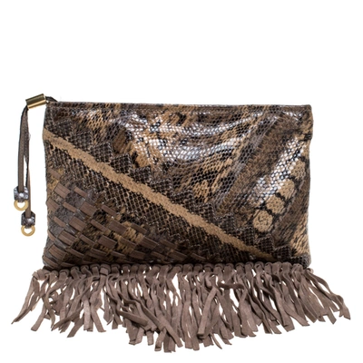 Pre-owned Jimmy Choo Beige Python And Suede Fringe Tita Convertible Clutch