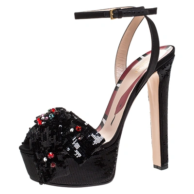 Pre-owned Gucci Black Crystal Embellished Sequins And Satin Bow Platform Sandals Size 39
