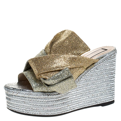 Pre-owned N°21 Silver/gold Glitter Fabric Raso Knot Espadrille Platform Wedge Sandals Size 39 In Multicolor