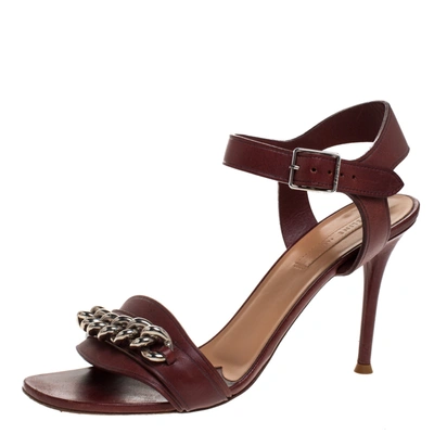 Pre-owned Celine Burgundy Leather Chain Detail Ankle Strap Sandals Size 38.5