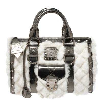 Pre-owned Versace Metallic Grey/white Leather And Fur Snap Out Of It Satchel