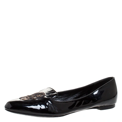 Pre-owned Alexander Mcqueen Black Patent Leather Sequins Skull Ballet Flats Size 39