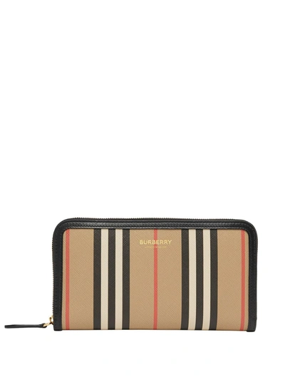 Burberry Icon Stripe E-canvas And Leather Ziparound Wallet In Beige,black,white
