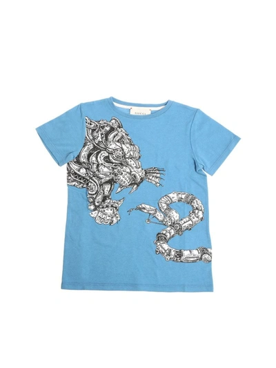 Gucci Kids' Tiger And Snake Print T-shirt In Light Blue
