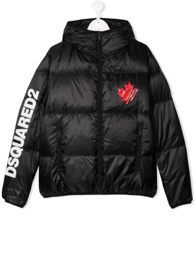 Dsquared2 Kids' Black Down Jacket With Red Logo Print
