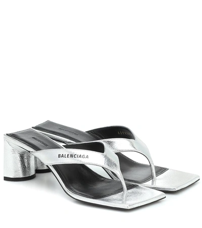 Balenciaga Logo-print Metallic Textured-leather Mules In Silver