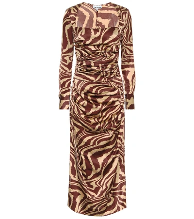 Ganni Tiger Stripe Stretch Silk Long Sleeve Silk Midi Dress In Brown