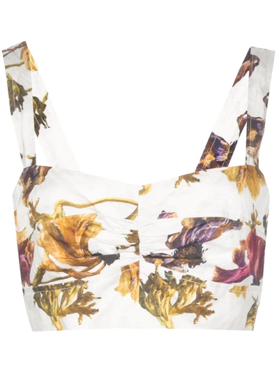 Jason Wu Collection Cropped Ruched Floral-print Washed-sateen Bustier Top In White
