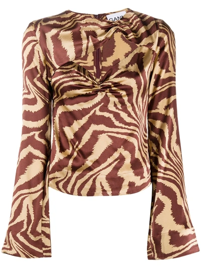 Ganni Animal Print Cut-out Detail Blouse In Multi