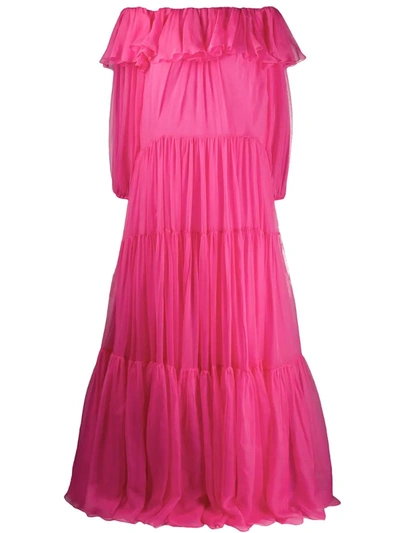 Valentino Off-the-shoulder Tiered Ruffled Silk-chiffon Gown In Pink