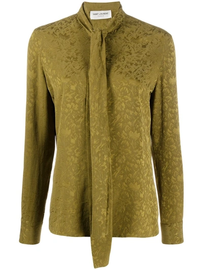 Saint Laurent Tie Neck Silk Jacquard Shirt In Green