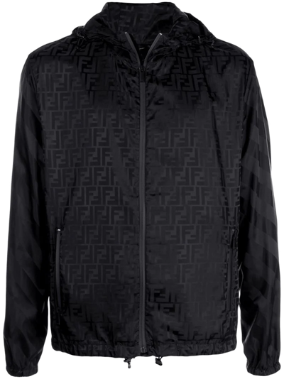 Fendi Ff-print Hooded Windbreaker Jacket In Black