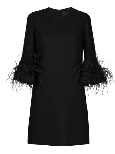 Valentino Cropped-sleeve Feather-trimmed Wool-blend Dress In Black
