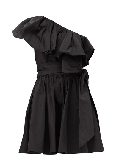 Valentino Belted One-shoulder Ruffled Twill Mini Dress In Black