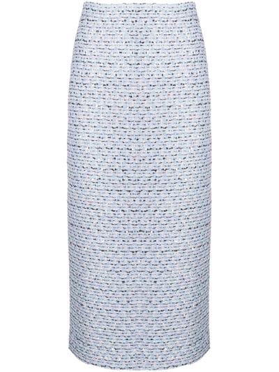 Alessandra Rich Tweed Embroidered Midi Skirt In Light Blue
