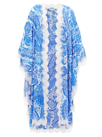 Andrew Gn Floral-print Lace-edge Silk Robe In Multi