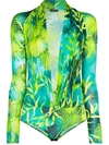 Versace Jungle Print Crepe Jersey Bodysuit In Green
