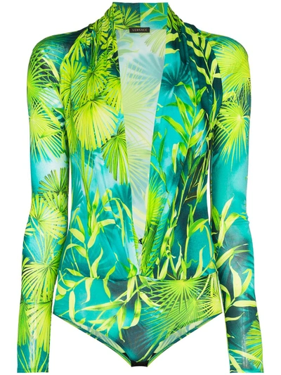 Versace Jungle Print Crepe Jersey Bodysuit In Green