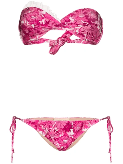 Adriana Degreas Floral Print Ruffle Trim Strapless Bikini In Pink