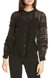 Rebecca Taylor Pintuck Long Sleeve Silk Chiffon Blouse In Black