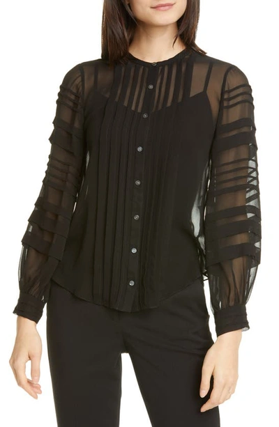 Rebecca Taylor Pintuck Long Sleeve Silk Chiffon Blouse In Black