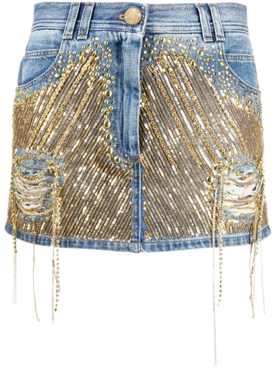Balmain Embellished Denim Miniskirt In Blue