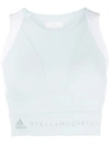 Adidas By Stella Mccartney Cropped Cutout Mesh-trimmed Stretch Top In Light Blue