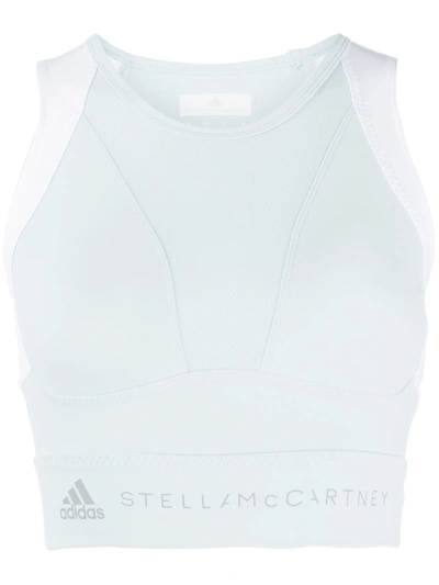 Adidas By Stella Mccartney Cropped Cutout Mesh-trimmed Stretch Top In Light Blue