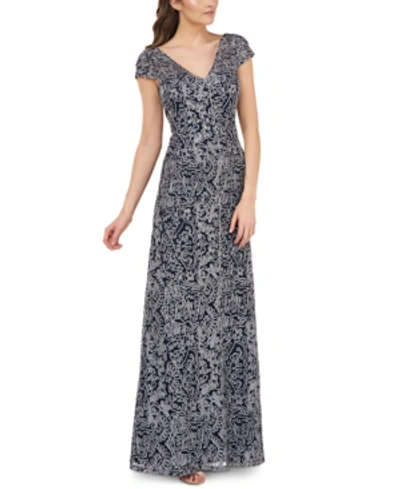 Js Collections Embroidered Soutache Gown In Silver/navy