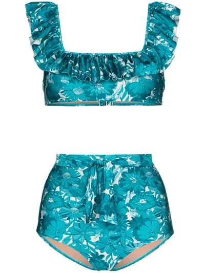 Adriana Degreas Ruffle Trim Floral Print Bikini Set In Blue